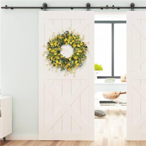 Yellow Daisy Wreath 24 Inch Spring Summer Fake Silk Floral with Green Eucalyptus - Picture 3 of 7